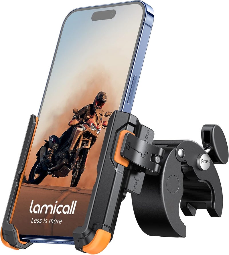 Lamicall Motorcycle Phone Mount Holder - [Camera Friendly] [1s Lock] Bike Phone Holder Handlebar Clamp, Bicycle Scooter Phone Clip, for iPhone Air, 17, 16, 15 Pro Max, Galaxy, 4.7-7" Phones, Orange - Image 1